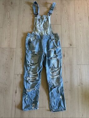 Distressed Cropped Light Blue Denim Overalls
